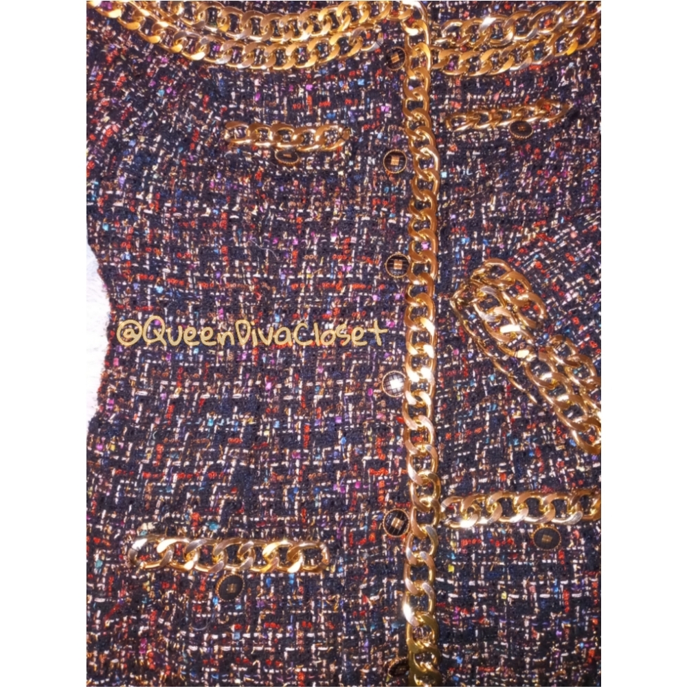 Tweed gold chain off shoulder blazer maxi dress L - Picture 6 of 8